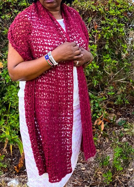 Crochet red lacy scarf